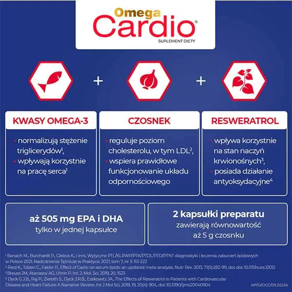 Omega Cardio + Czosnek, Kwasy omega-3, allicyna z czosnku, resweratrol, Kapsułki