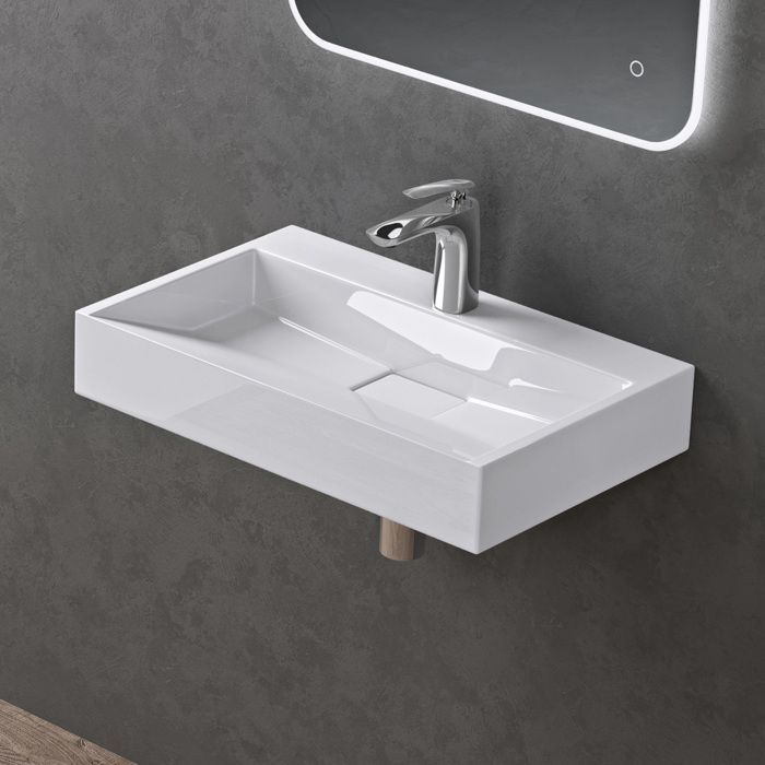 Lavabo mural Doporro con desagüe, lavabo de encimera blanco, 60x38x11cm, lavabo rectangular con orificio para taladrar, Colossum19