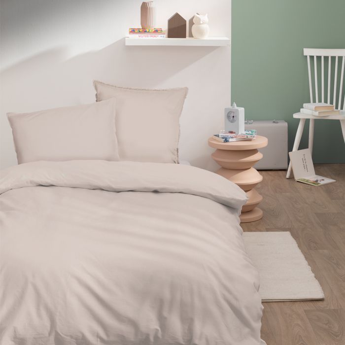 Plain single bed linen set with pillowcases with ruffles, 100% Cotton - MATT & ROSE - WASHED COTTON - Linen color - 140x200+65x65 cm