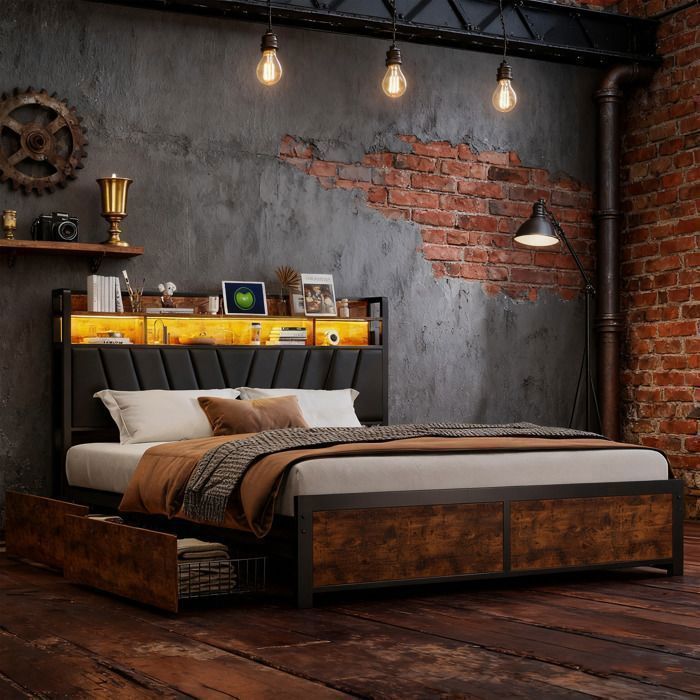 180x200 bed with slatted base - DRELYGWEA - king size 180x200 bed frame with storage - LED - Black and Brown