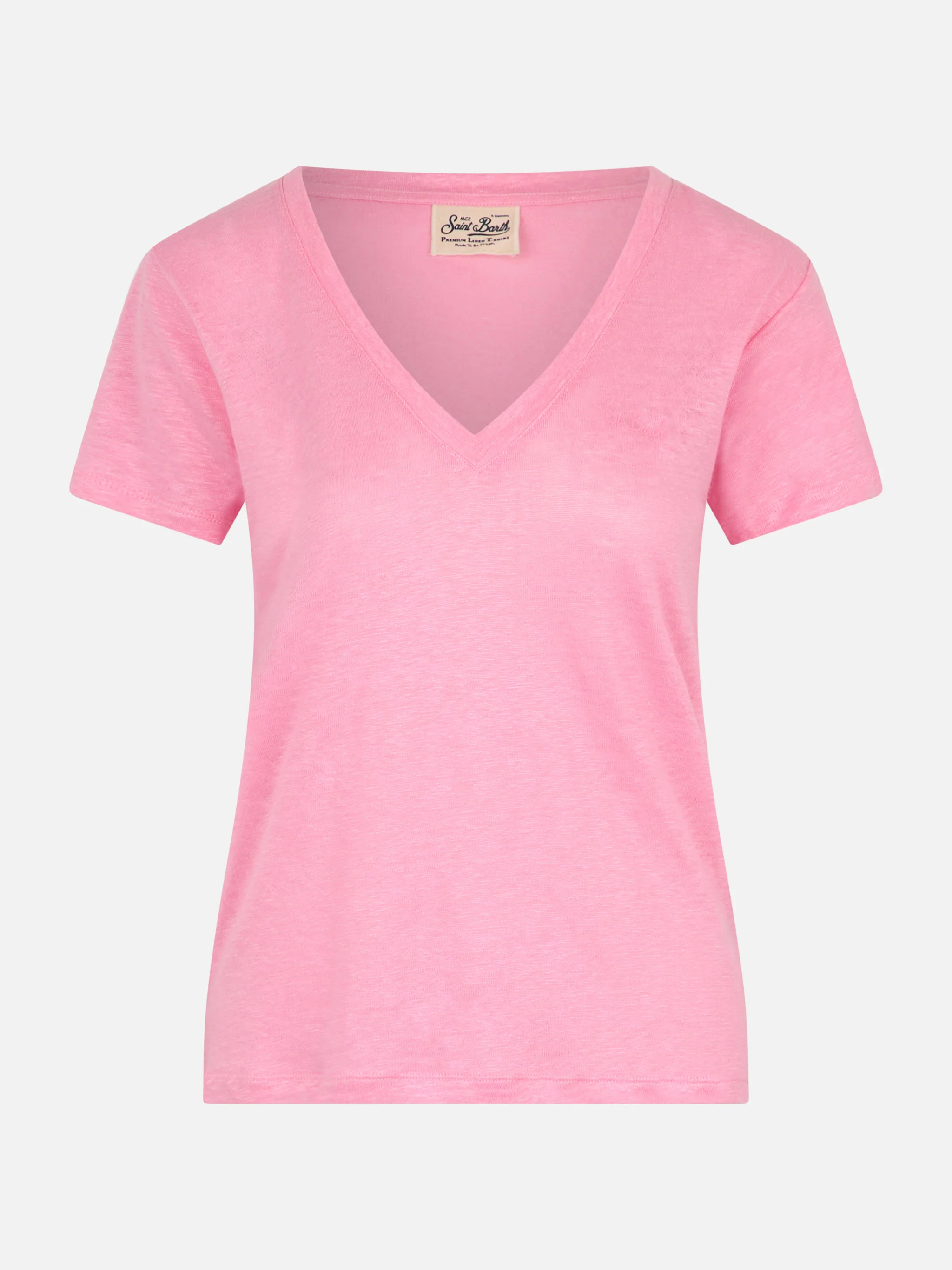 Eloise roze T-shirt met V-hals van linnenjersey