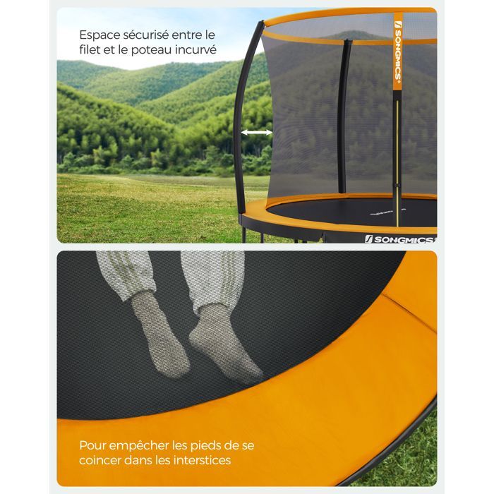 Cama elástica SONGMICS de Ø 366 cm con escalera y red de seguridad, color negro y naranja.
