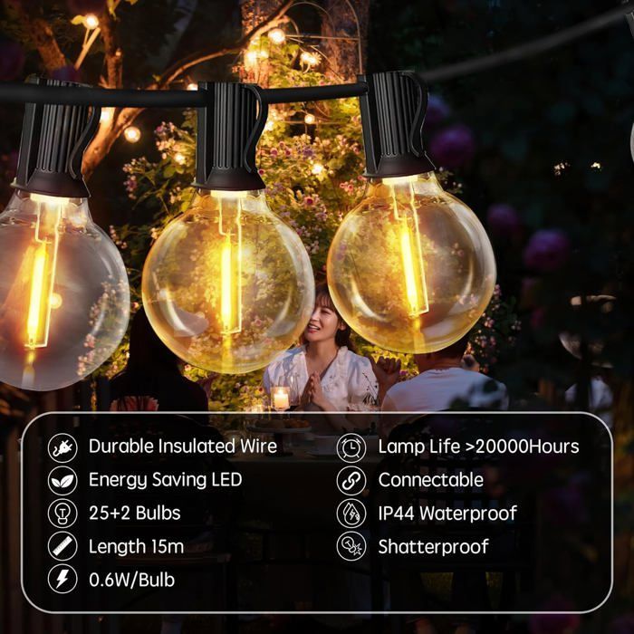 Guirlande Lumineuse Exterieure LED, 15M Guirlande Guinguette Exterieur G40 LED Ampoules IP44 Imperméable,Chaîne Lumiere Exterieur