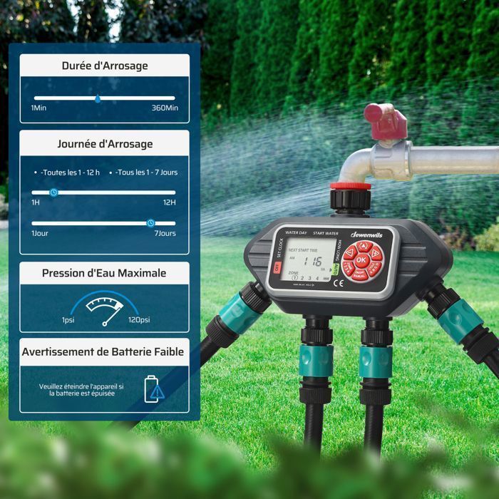 Controlador de Irrigação Externa DEWENWILS de 4 Vias - 4 Programas por Zona - Temporizador Automático para Irrigação de Jardim - À Prova D'Água
