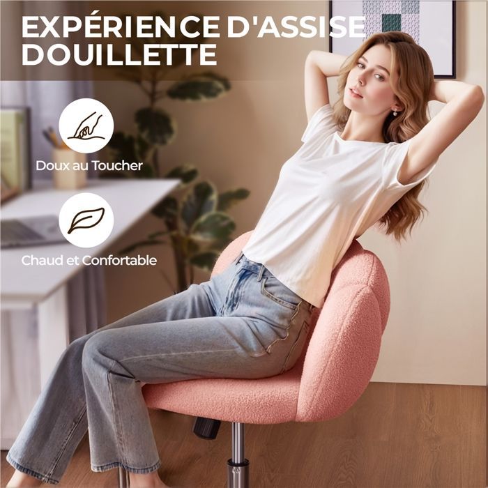 Yaheetech Chaise de Bureau Design Nuage en Tissu Bouclette avec Dossier Rebondi et Assise Réglable en Hauteur, Rose