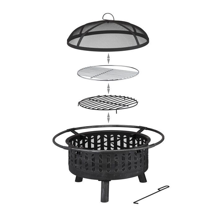 Brasero Relaxdays con parrilla, rejilla protectora contra chispas y atizador, para jardín, Ø 75 cm, negro/plata