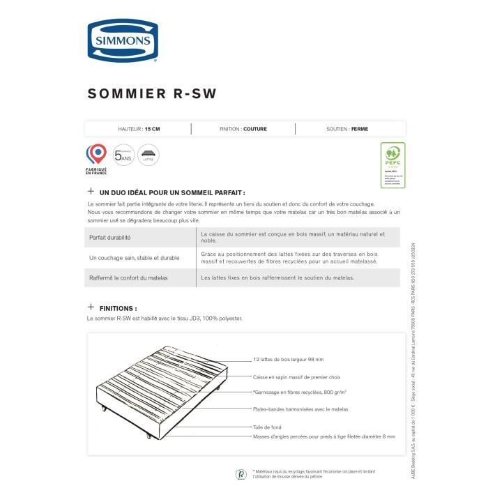 Sommier à lattes 90 x 190 SIMMONS - 4 pieds bois - Caisse en bois massif - Lattes fixes en bois 98 mm de largeur -