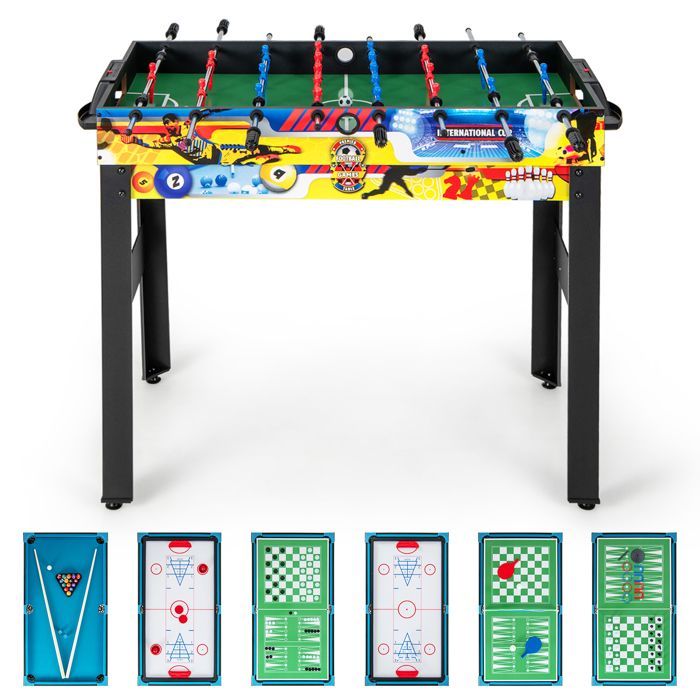 Baby Foot 12 en 1 - DREAMADE - 6 Jeux de Balle - 4 Jeux de Plateau et 2 Jeux de Lancer - Patins Réglables - 105X58X80CM - 6+ Ans