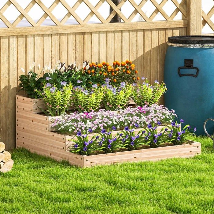 Carré potager de jardin - Outsunny - sans fond - 4 étages - pour herbes légumes fruits fleurs - 113 x 113 x 46 cm - bois naturel