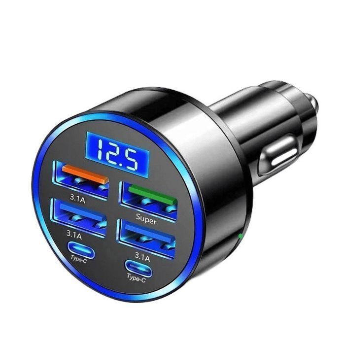 Chargeur de voiture 6 en 1 - 120W à affichage numérique – USB & Type-C, charge ultra rapide PASHASHOP