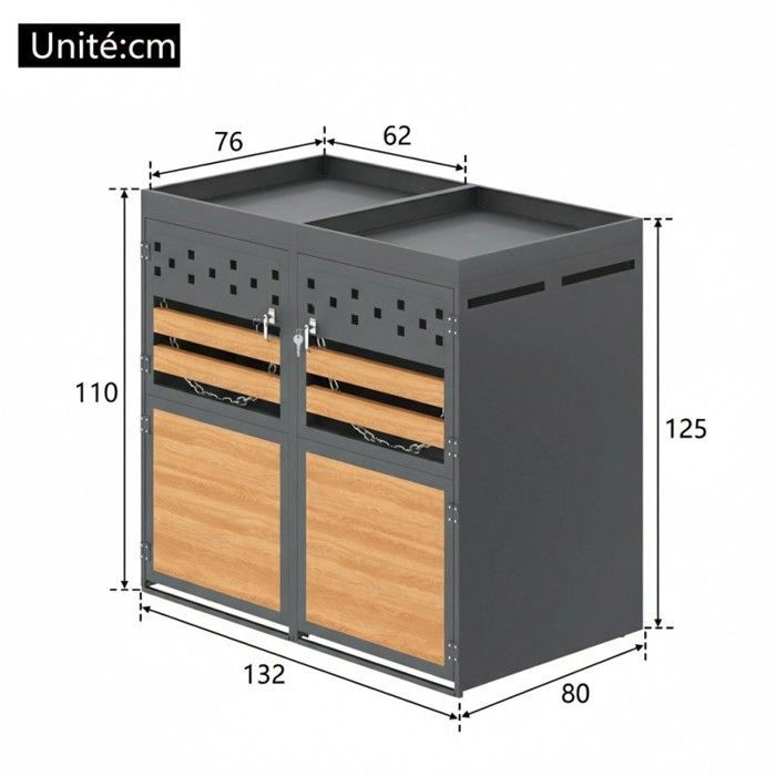 Cache-poubelle double - LANGTU - Abri Acier Anthracite - Toit végétalisable - Portes aspect bois verrouillables - Modulable