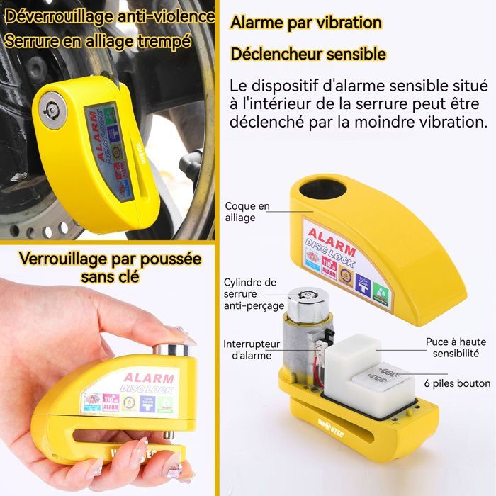 Candado de disco - INNOVTEC - Alarma para motocicleta 130dB Antirrobo SRA Homologado Mini U-Lock Aleación de zinc Seguridad para motocicleta Scooter
