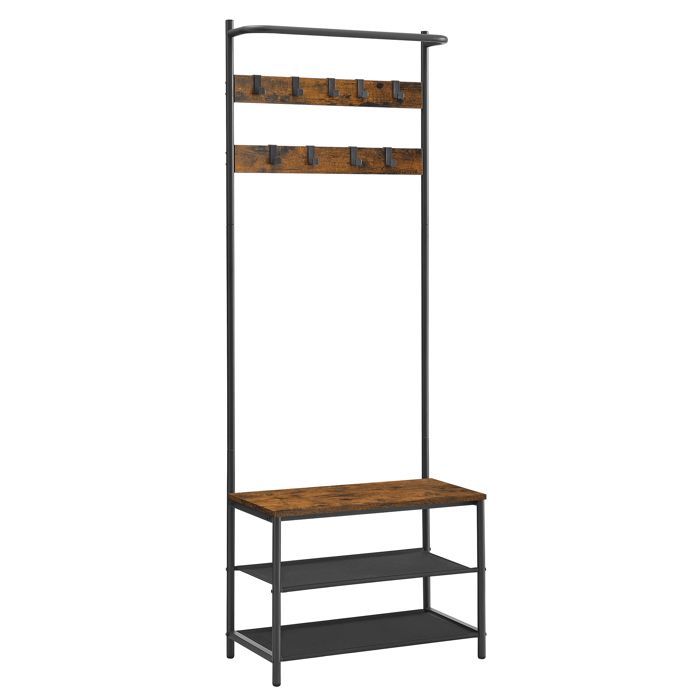 VASAGLE Hallway Furniture, with Bench and Shoe Rack, 9 Removable Hooks, Hanging Rail, 32.2 x 64 x 180 cm, Brown and Black