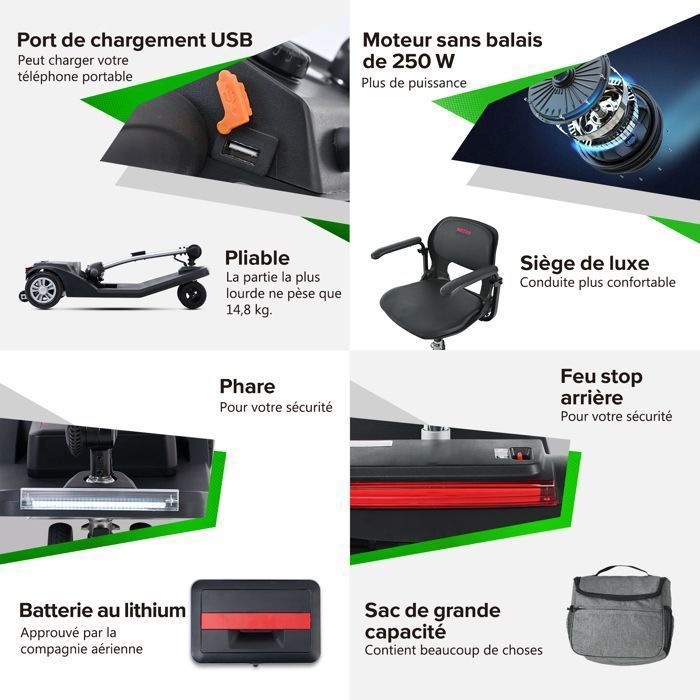 Scooter eléctrico de 4 ruedas AIR CLASSIC, 250 W, asiento giratorio de 360°, autonomía de 20 km, batería de litio de 12 Ah, movilidad para personas con movilidad reducida y personas mayores - Negro