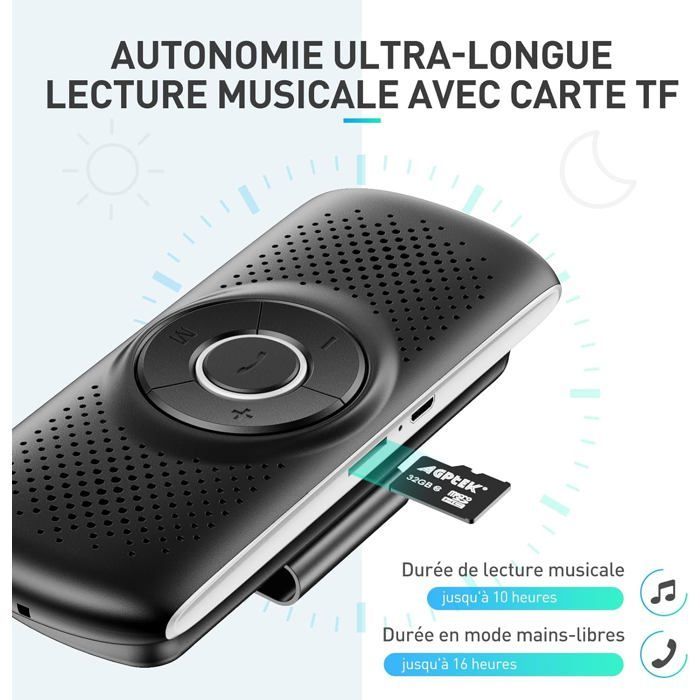 Kit Mains Libres pour Voiture Bluetooth 5.0 Haut-Parleur Micro Intégré avec Clip Support du GPS