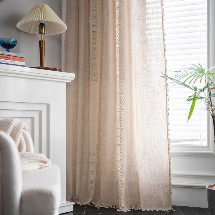 Tende in stile bohémien, beige opaco, in cotone e lino, 150 x 240 cm (asta), gancio cavo, realizzate in poliestere e lino