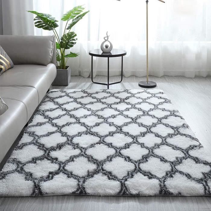 Alfombra de pelo largo para sala de estar, 160x230cm, blanca con estampado - Alfombra de mesilla de noche, suave, para sala de estar, dormitorio o sofá.