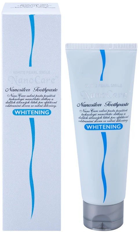 Creme dental clareador White Pearl NanoCare com nanopartículas de prata que remove manchas do esmalte.