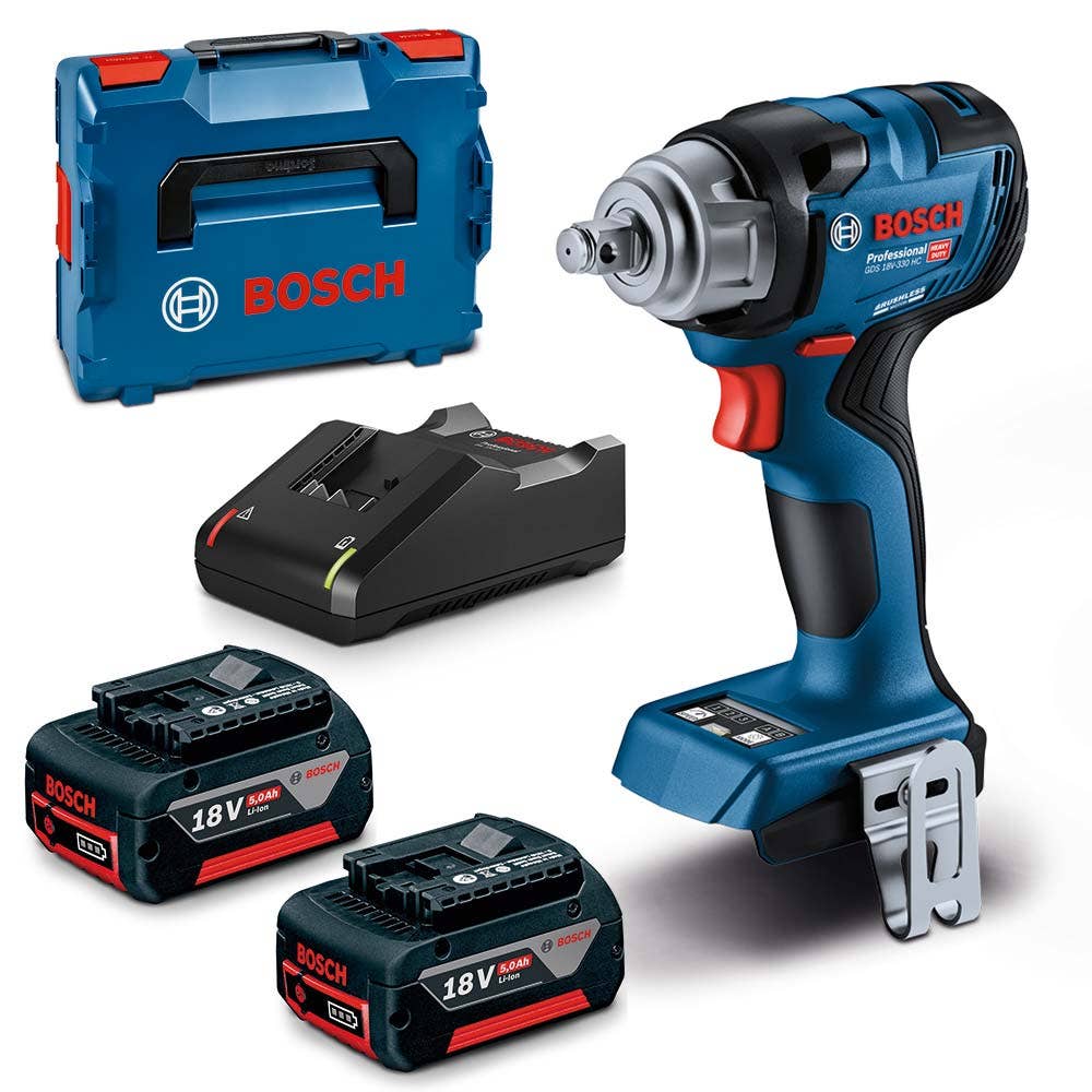 Conjunto de Chaves de Impacto sem Escova BOSCH 18V 2 x 5.0 Ah 1/2 polegada GDS 18 V-330 HC 06019L5041