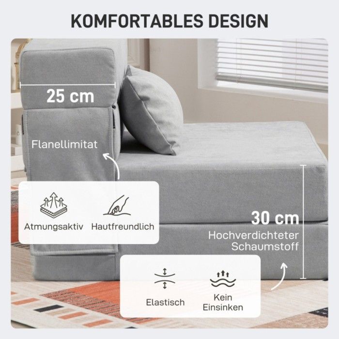 Convertible floor sofa that transforms into a mattress, comfortable foam, removable cushions, light grey upholstery, ideal for garden or indoor use