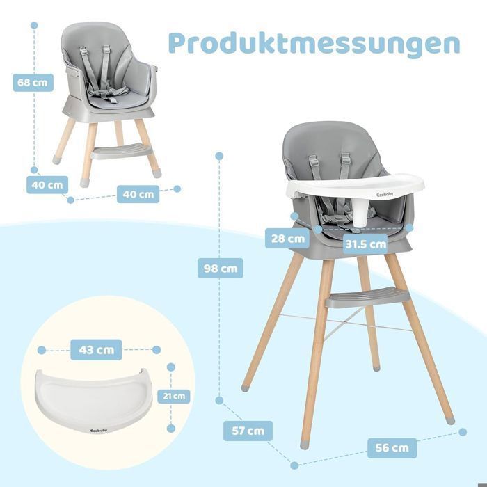 High chair booster seat, bar stool, 6-in-1 multifunctional high chair, wooden legs, from 6 months, grey