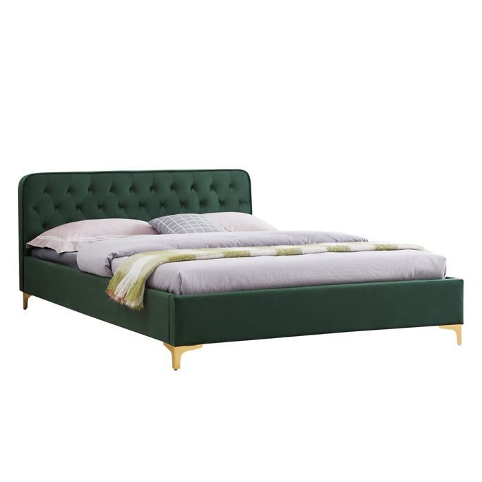 Cama doble GLAMOUR, superficie de descanso de 140x190 cm, con somier de láminas y patas de metal dorado, estilo barroco, tapizada en terciopelo capitoné verde.