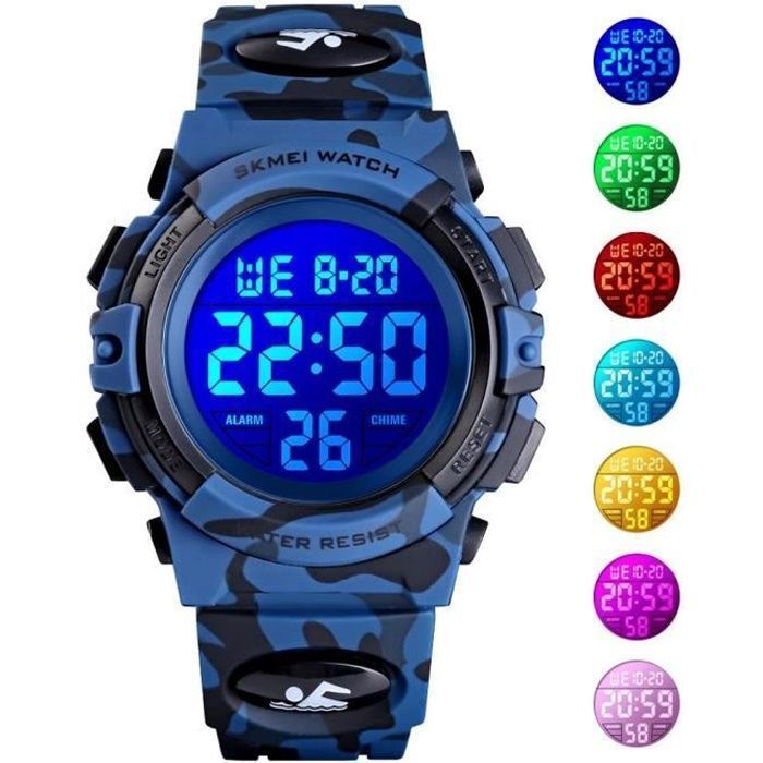 SHARPHY Montre Enfant Garcon de Marque Sport etanche numerique LED watch militaire 2025 bracelet bleu , Cadeau pour enfants