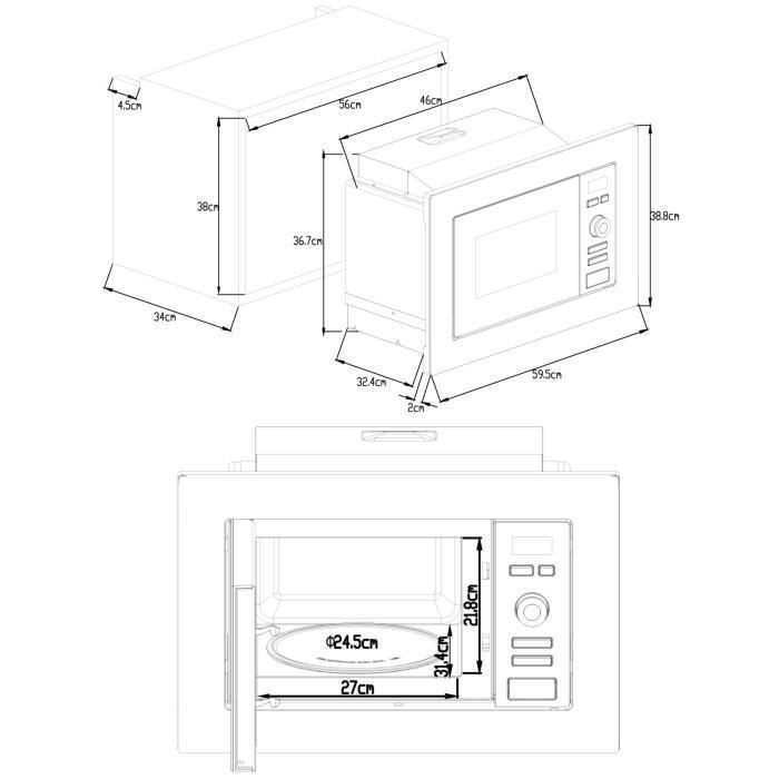 Forno a microonde da incasso CONTINENTAL EDISON MO20IXEG con grill, 59,5 x 38,8 x 34,35 cm, 20 litri, acciaio inox