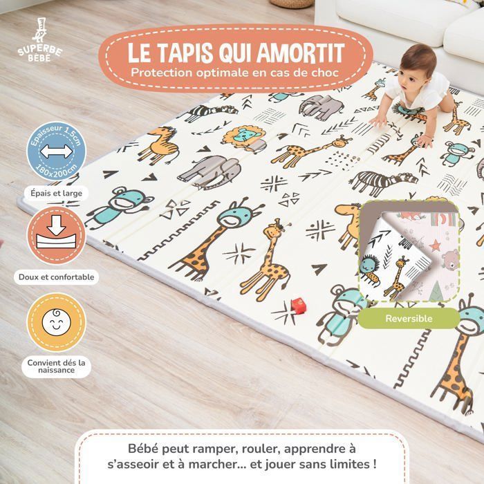 Tapete de atividades dobrável, reversível e impermeável - 200x180x1,5cm | Tapete de espuma para crianças - RAPOSA | SUPERBE BABE