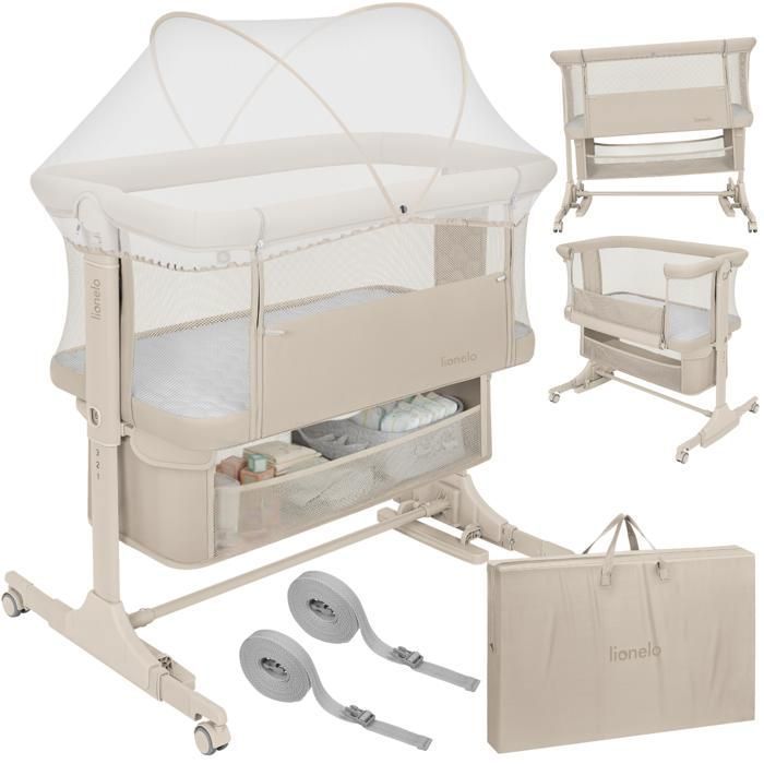 Lit bébé cododo 3en1 LIONELO Jodie - Berceau - Réglable en hauteur et inclinaison - Matelas haute densité - Beige