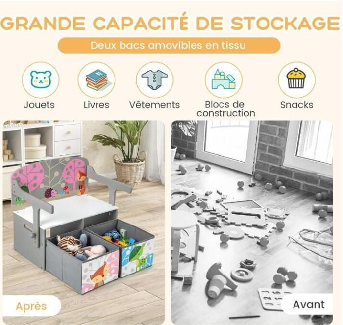 Omvormbare speelgoedkist - DREAMADE - 3-in-1 - Hout - 2 uitneembare stoffen bakken - Draagvermogen 60 kg - 60 x 42 x 57 cm - Grijs