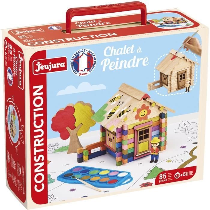 Chalé para pintar com 85 peças - JEUJURA - Conjunto de construção em madeira natural, acessórios e tinta incluídos, 26x24x9 cm