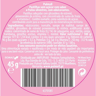 Pulmoll Bonbons bez cukru, směs lesních plodů, acai, vitamín C, zklidňující krční pastilky, lesní plody 45g 45g