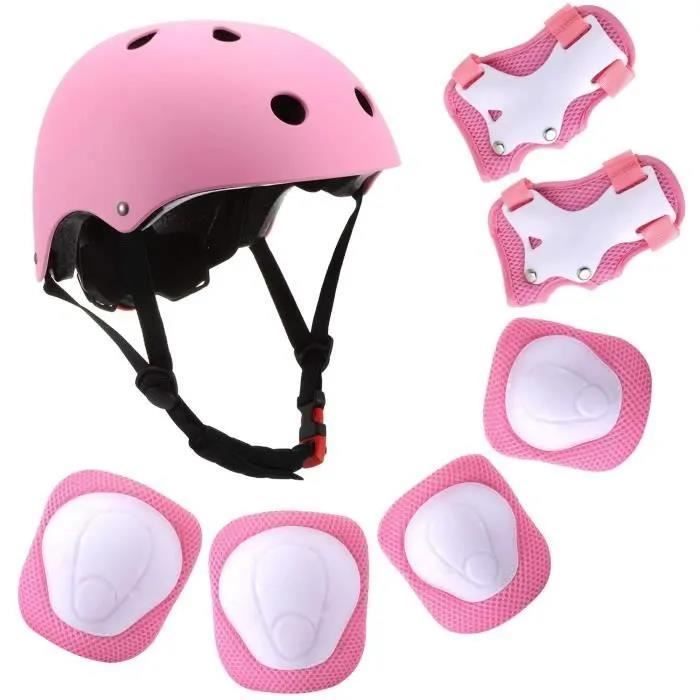 Children's Roller Skating Protective Gear Set - Adjustable Bike Helmet - 7 Pieces - Pink