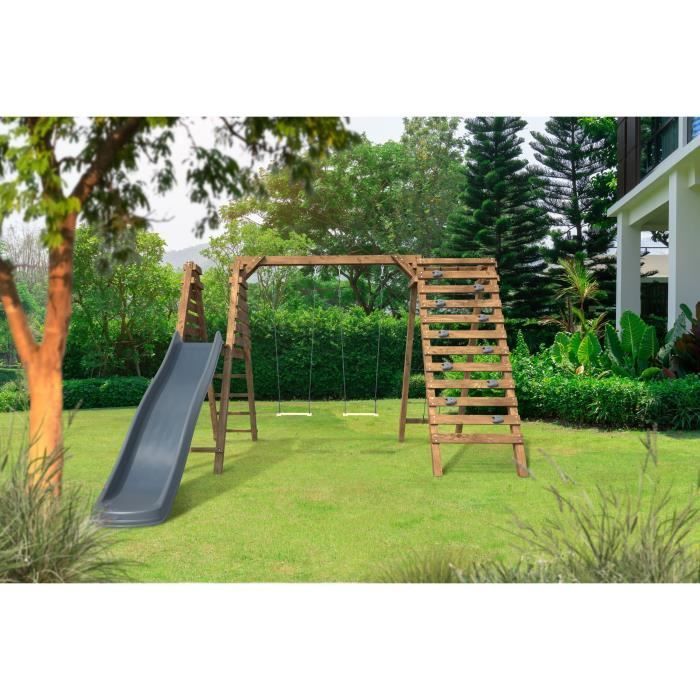 Aire de jeux en bois - SOULET - ISIS - 2 agrès, toboggan, filet et mur d'escalade
