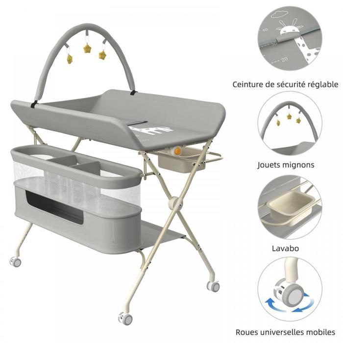 Mobile/Foldable Changing Table - Changing Surface with Side Basket and 3 Toys - Adjustable Height - 80x73x86-94 cm - Grey