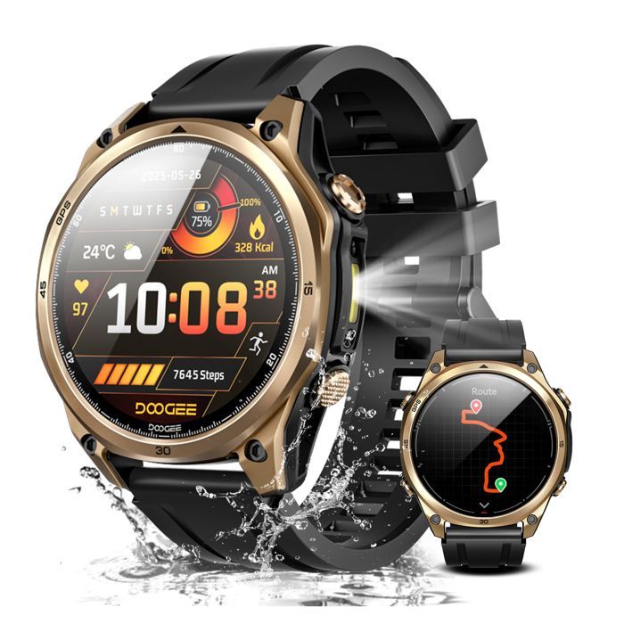 DOOGEE Anywise W1 Montre Intelligente – 5ATM Etanche, GPS Double Fréquence, 170+ Modes Sportifs, Écran AMOLED 1.43''-Or
