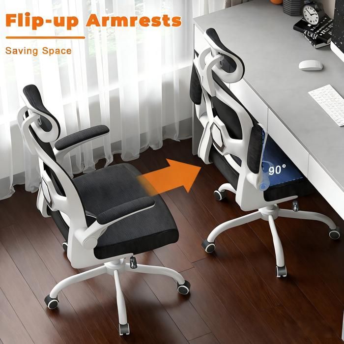 BIGZZIA Office Chair with Armrests - On Casters - with Headrest and Lumbar Support - Height Adjustable, White