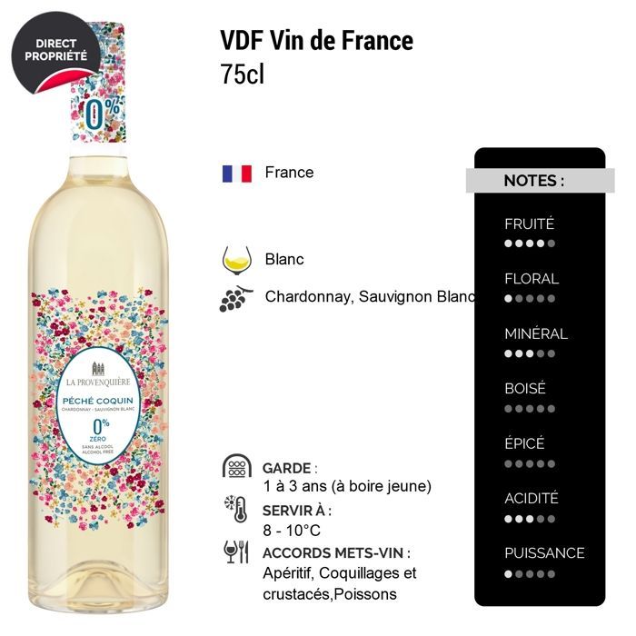 La Provenquière Péché Coquin 0% Alkoholfrei – Vin de France – Weißwein (6x75cl) HVE Alkoholfrei