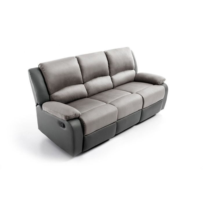 Sofá reclinable de 3 plazas LEO en microfibra y piel sintética - Gris - 193 x 93 x 96 cm - LOUNGITUDE