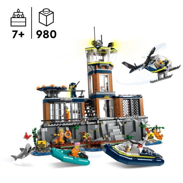 LEGO® 60419 City La Prison de la Police en Haute Mer, Jouet avec Hélicoptère et Bateau, 7 Minifigurines et Figurine de Chien