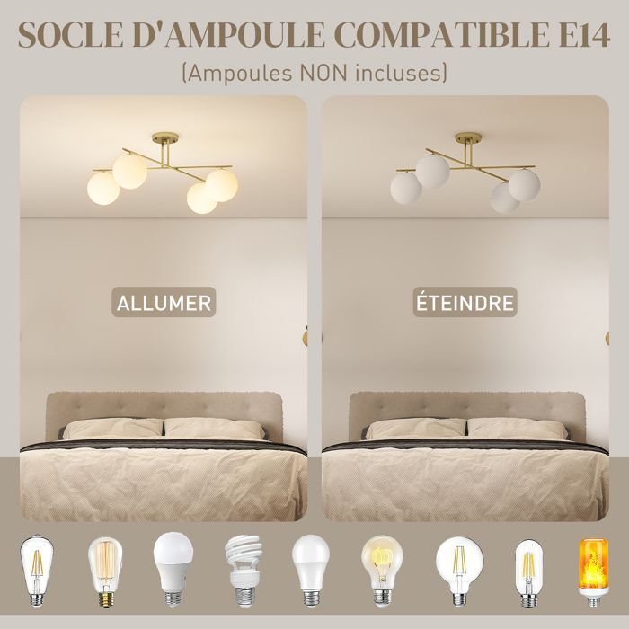 Lámpara de techo - HOMCOM - moderna lámpara de araña de 4 luces con casquillo E14 - montaje semiempotrado - dorado y crema