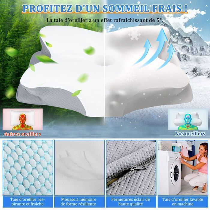 Almohada de espuma viscoelástica - Almohada ortopédica ergonómica refrescante - Blanca