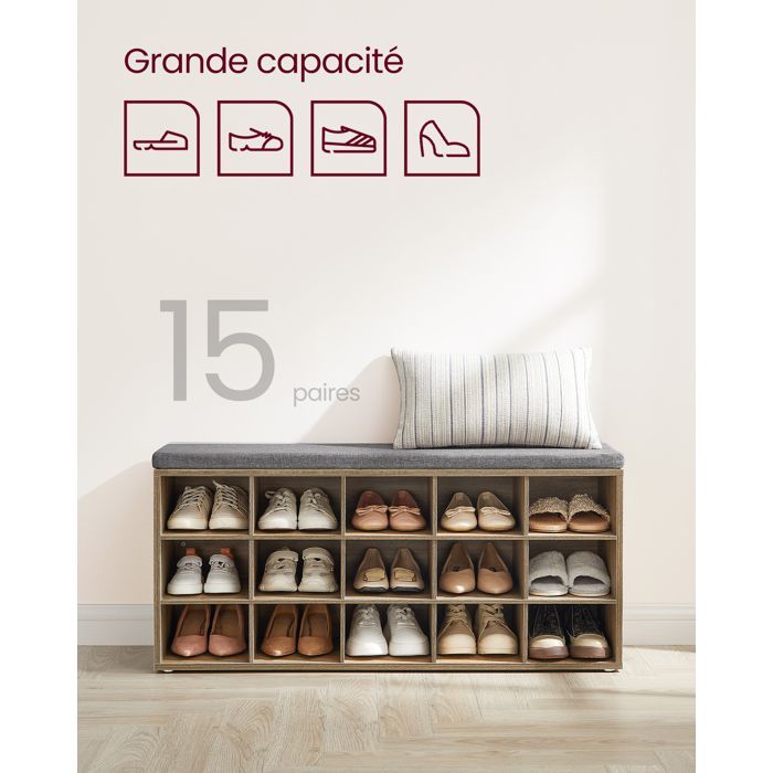 VASAGLE Banc à Chaussures, Organiseur de Chaussures avec 15 Compartiments, Siège Rembourré, Marron Turquoise et Gris Tourterelle