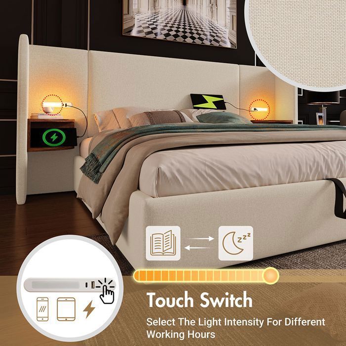 Cama estofada com arrumação, 180x200 cm, com encosto longo, mesa de cabeceira, candeeiro de leitura, entrada USB tipo C, arrumação hidráulica, roupa de cama, bege.