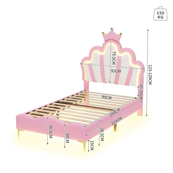 Cama infantil tapizada Crown - 90x200 cm - Iluminación LED multicolor integrada - Somier de láminas incluido