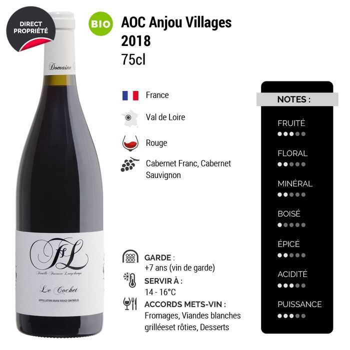 Domaine FL Anjou Villages Le Cochet 2018 - Vin Rouge du Val de Loire (6x75cl) BIO