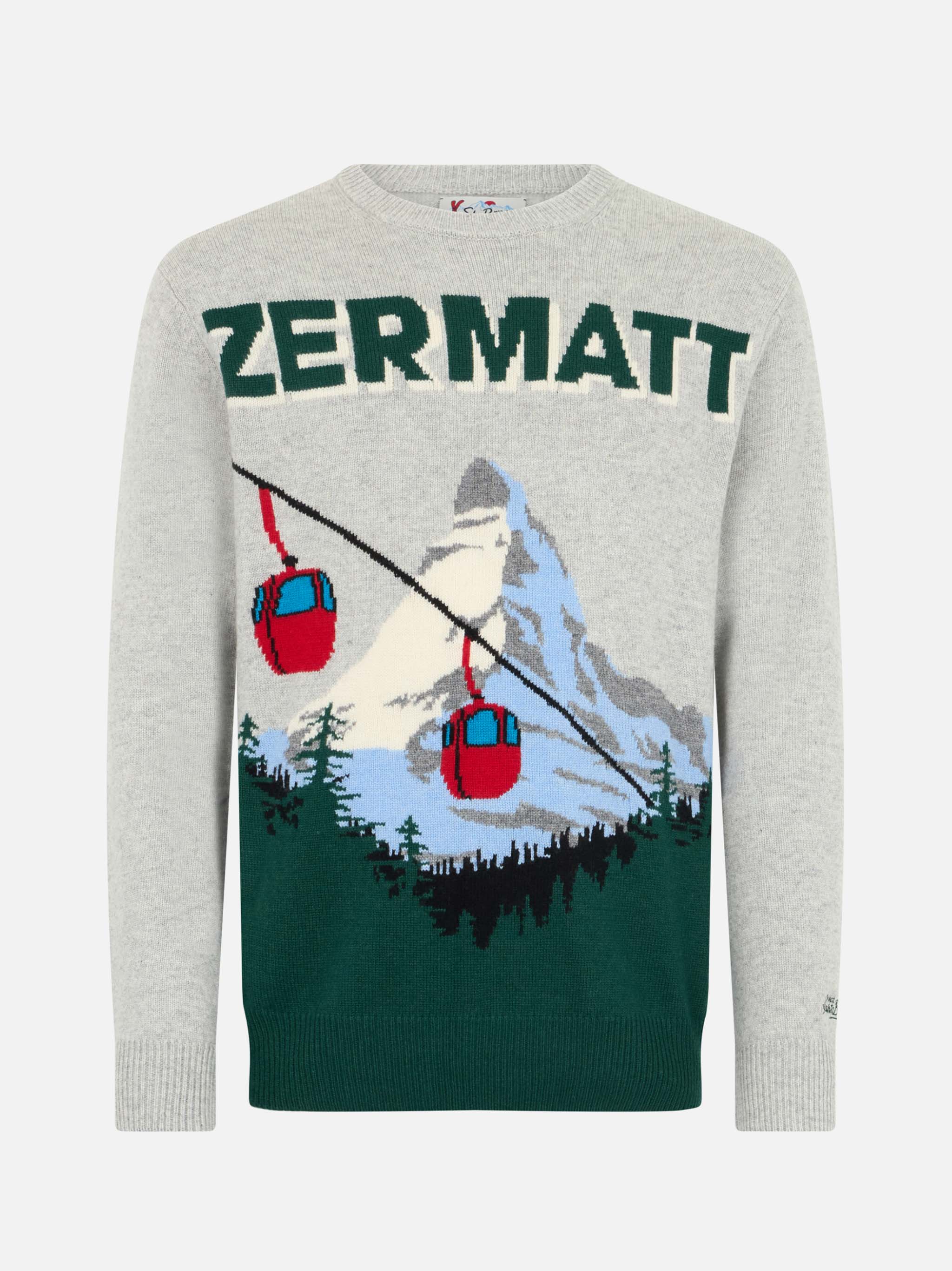 Grijze herentrui met reigermotief en ansichtkaartprint van Zermatt Cable.