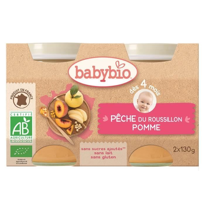 Babybio - Papinha de Bebê Sabor Pêssego e Maçã - Orgânica - 2 x 130g - A partir de 4 meses