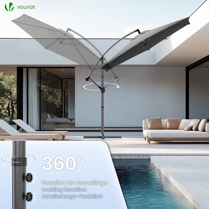 VOUNOT® 3M Cantilever Parasol, Grijs - 360° Draaibaar - Verstelbare Kantelhoek - Anti-terugloopmechanisme - Beschermhoes